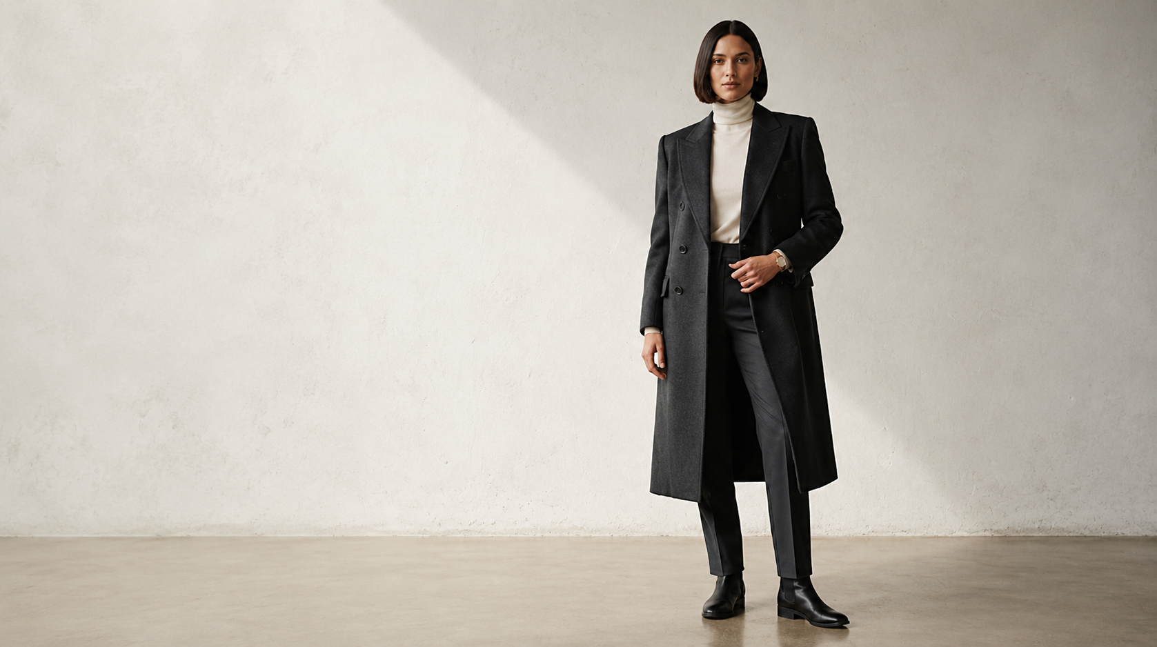 Editorial portrait of a model in a classic dark coat against a neutral wall