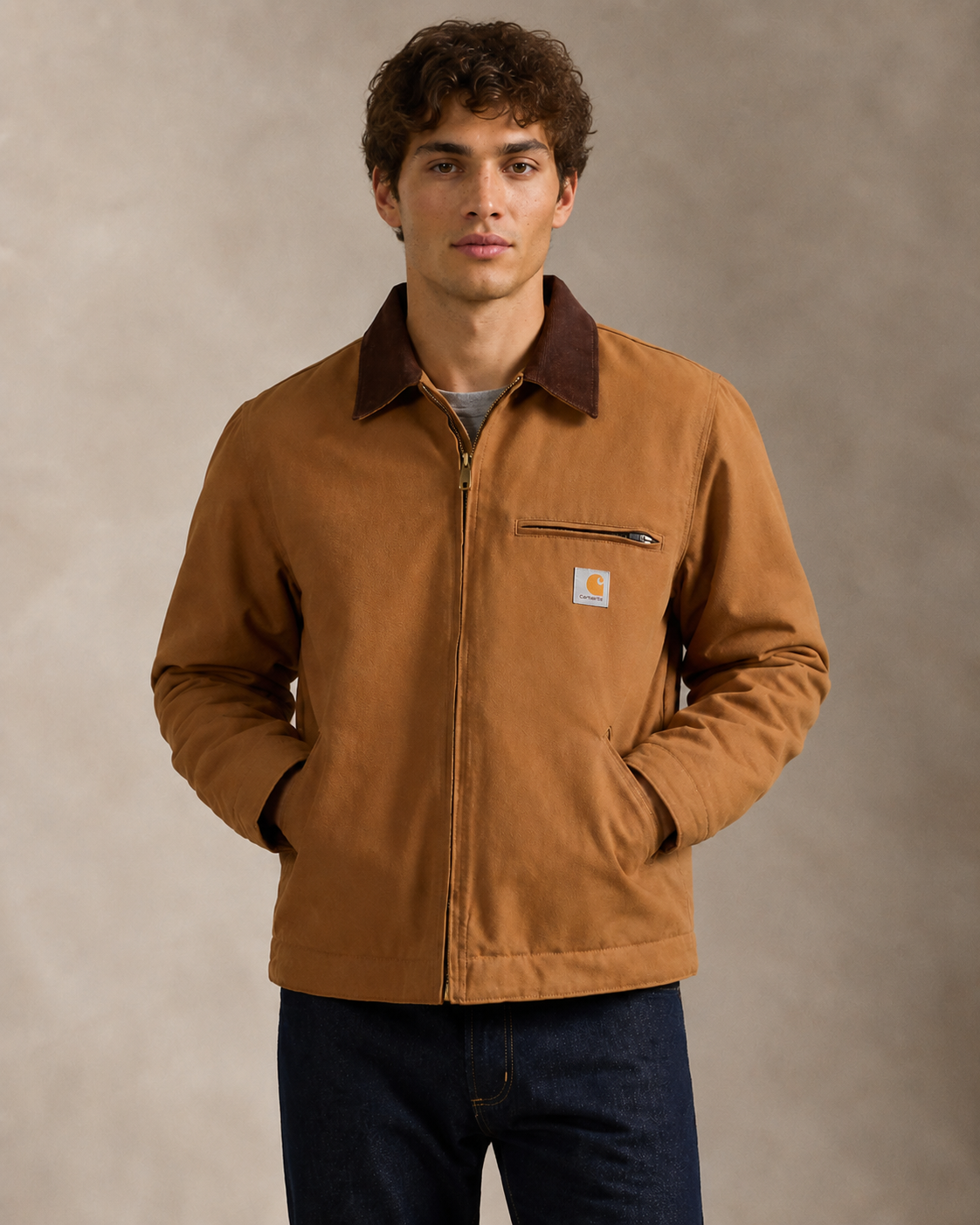 Model wearing a vintage Carhartt jacket with dark denim