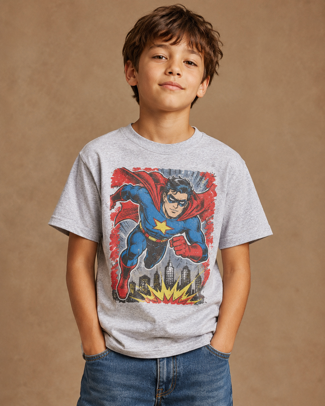 Child wearing a graphic tee with relaxed denim