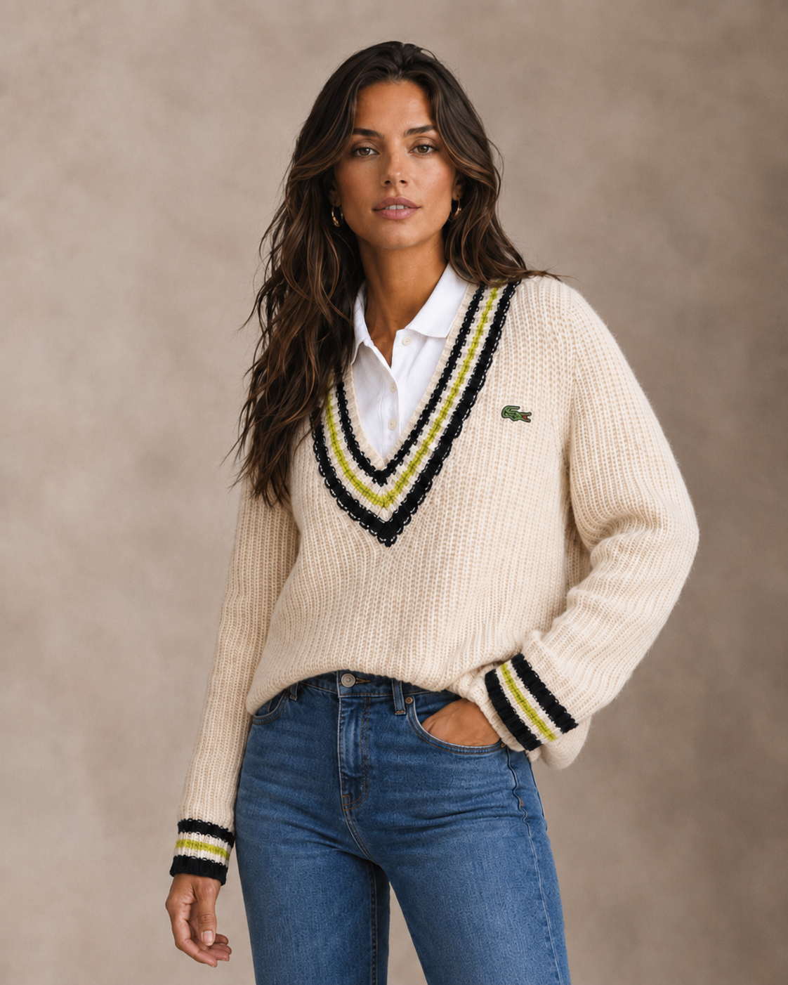 Model wearing a cream cricket-style vintage knit with denim